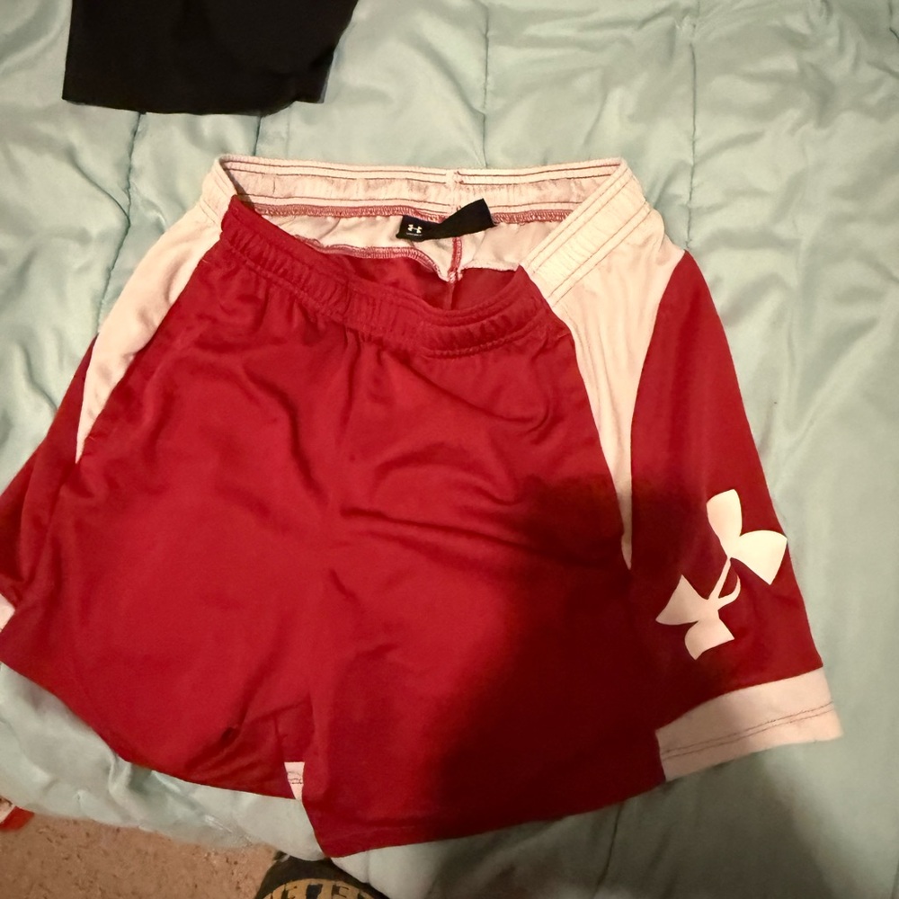 Under Armour Women's Maroon Athletic Shorts with White Panels